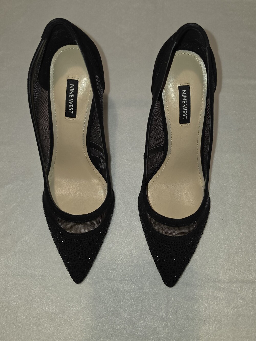 Nine West Black Pointed Toe Mesh Crystal-Accent Pumps